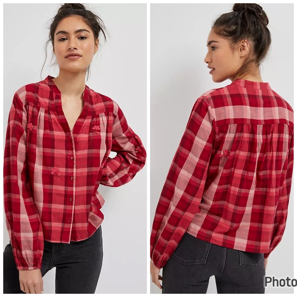 Anthropologie Forever That Girl Aliyah Embroidered Plaid Buttondown Red Flower M